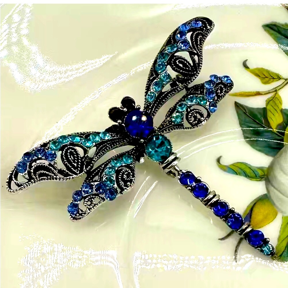 Turquoise / Blue Dragonfly Rhinestone Brooch - Picture 3 of 8